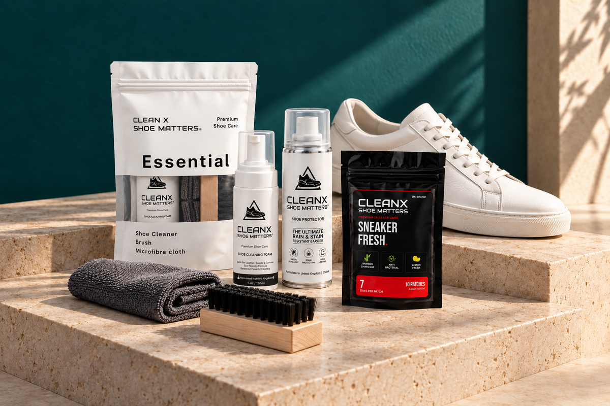 CLEANX foam cleaner, shoe protector, Sneaker Fresh, brush and microfiber cloth on sunlit stone steps